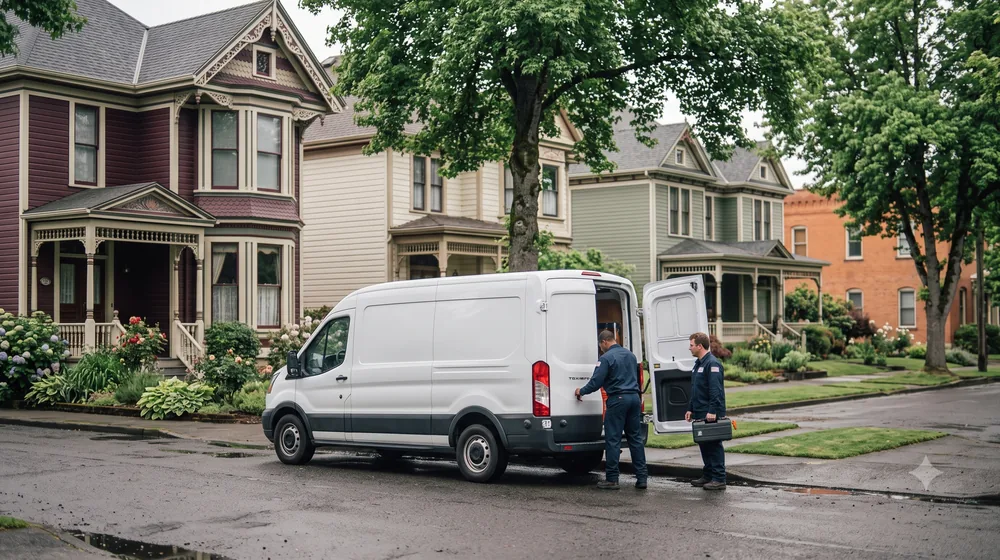Service van on a residential street in Albany, Oregon