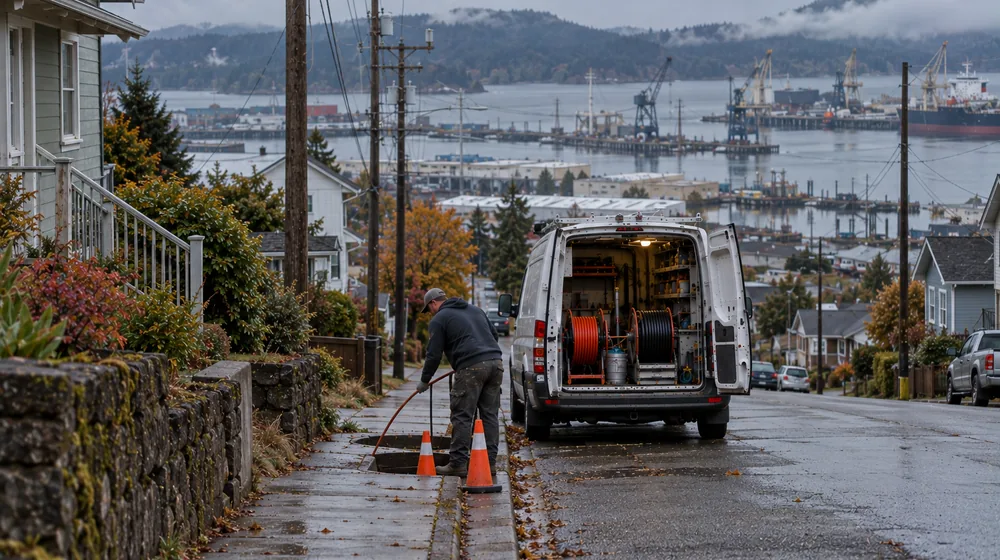 Service van on a residential street in Coos Bay, Oregon