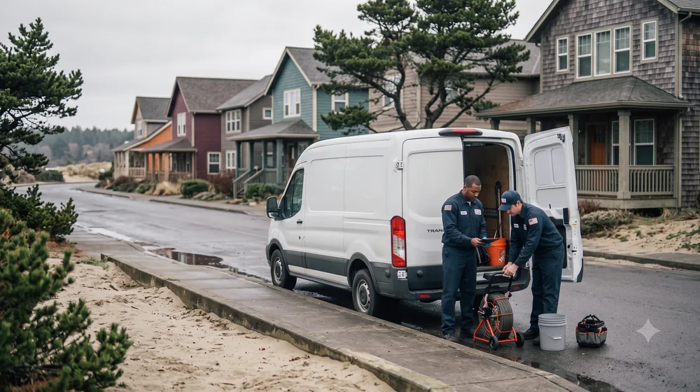 Service van on a residential street in Florence, Oregon