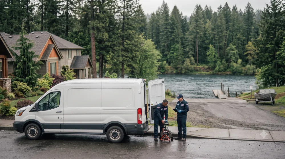 Service van on a residential street in Grants Pass, Oregon