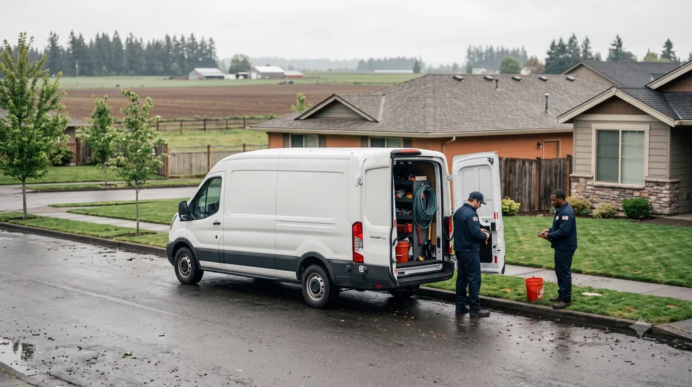 Service van on a residential street in Hillsboro, Oregon