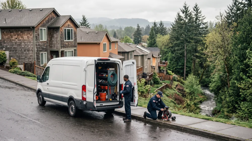 Service van on a residential street in Tigard, Oregon