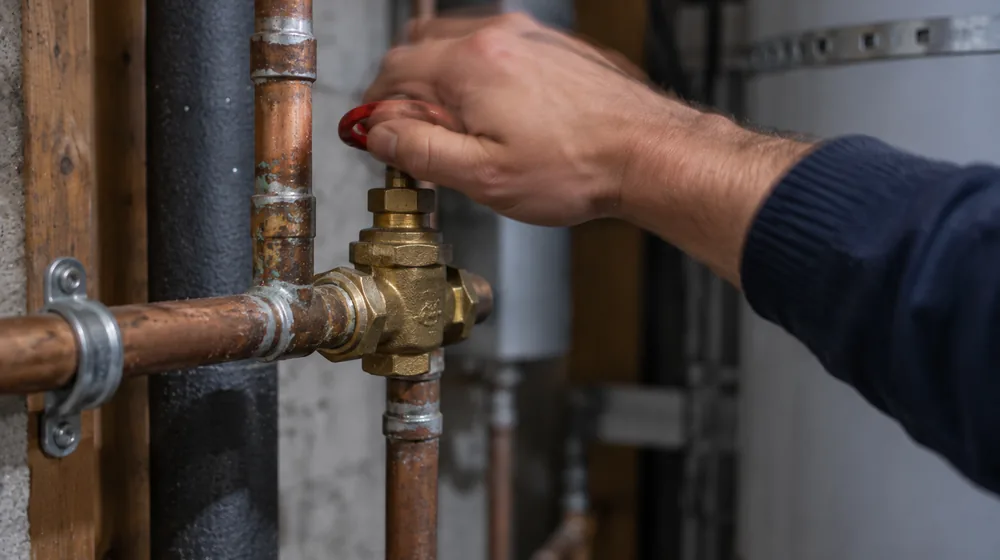 Hand closing a main water shutoff valve during a plumbing emergency