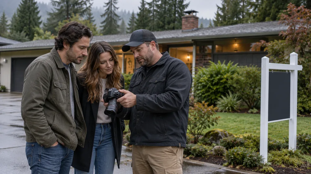 Home buyers reviewing sewer inspection footage with an inspector