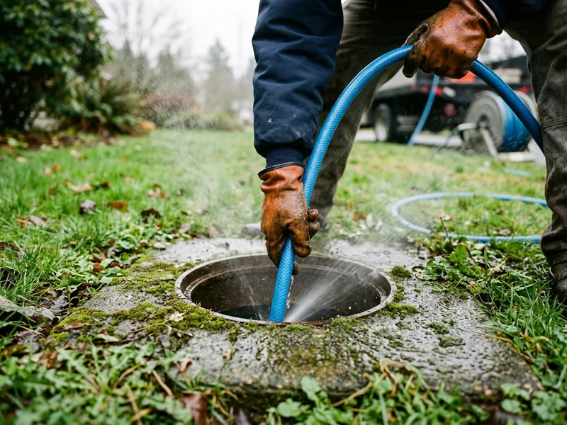 Hydro jetting hose feeding into an exterior sewer cleanout on an Oregon property