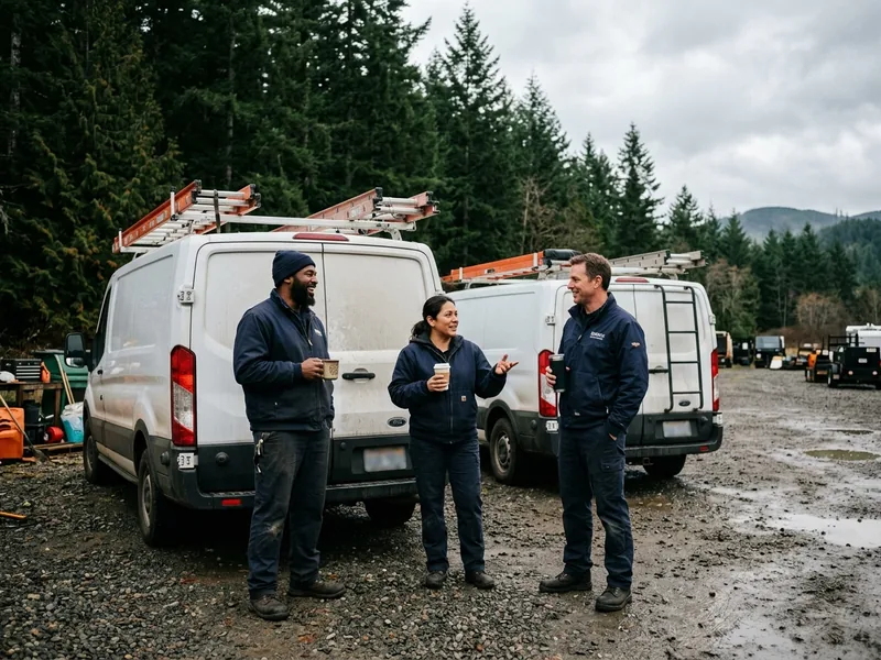 Three Oregon Drain Cleaners technicians standing beside their service vans