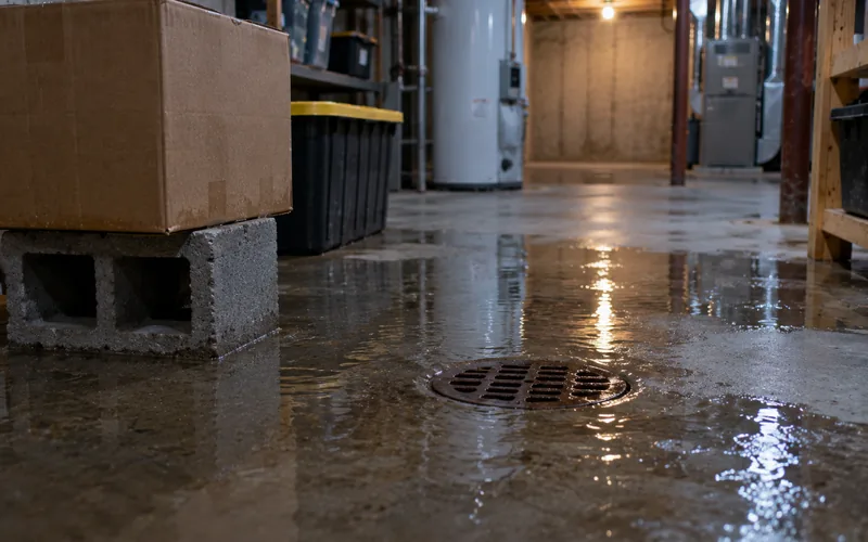 Water pooling around a basement floor drain during a main line sewer backup