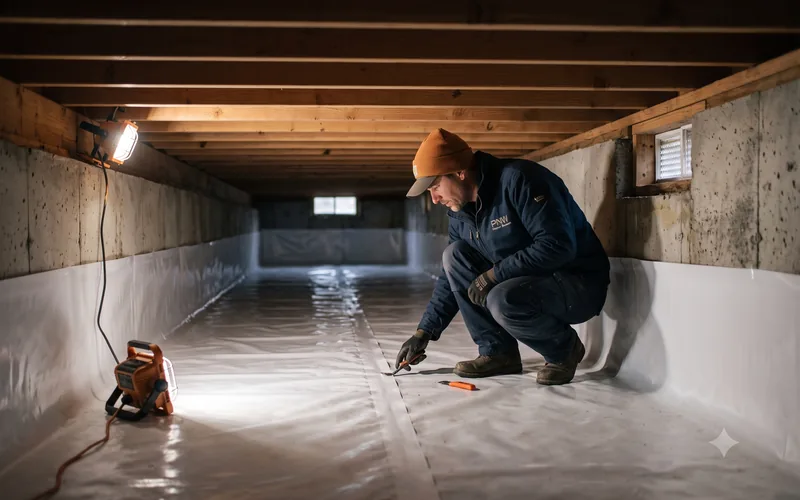 New vapour barrier laid across crawlspace soil beneath an Oregon home