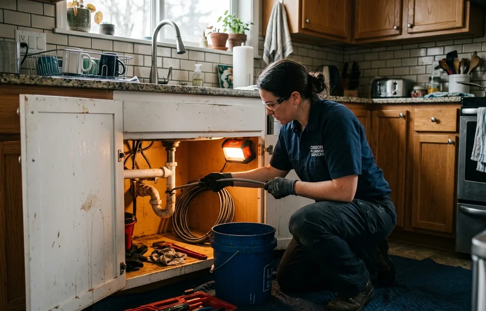 Plumber feeding a drain cable into a kitchen sink line to clear a clog