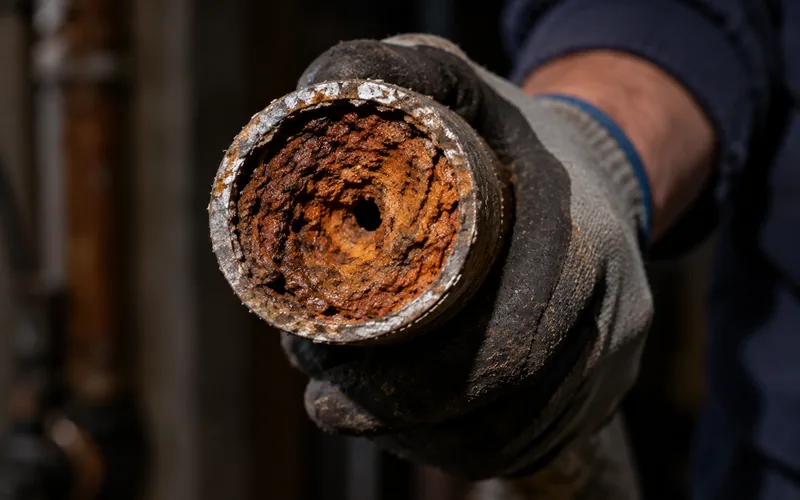 Cut section of galvanised water pipe showing rust scale narrowing the bore