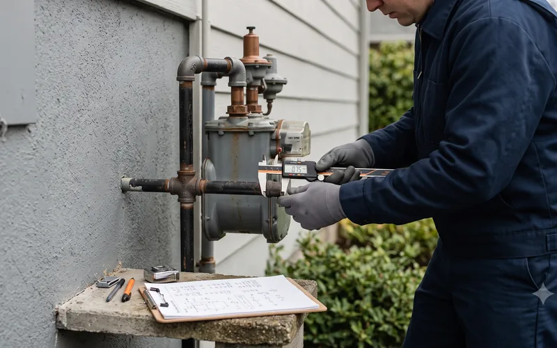 Technician measuring gas line size before a tankless water heater installation