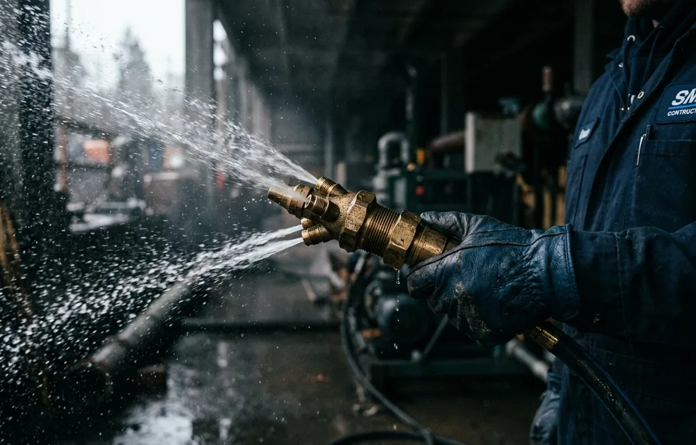 High-pressure hydro jetting nozzle spraying water inside a sewer pipe