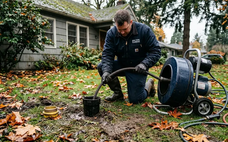 Open exterior main line sewer cleanout in a lawn with cable machine alongside