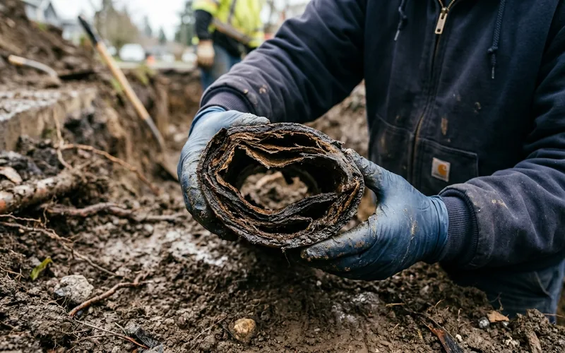 Section of failed Orangeburg sewer pipe showing deformed layered wall