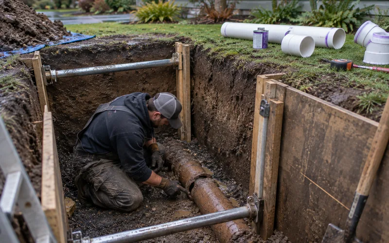 Small open excavation exposing a cracked clay sewer lateral for spot repair