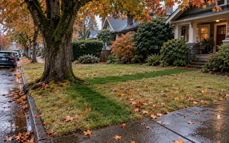 Mature street tree and green strip of lawn tracing a sewer lateral path