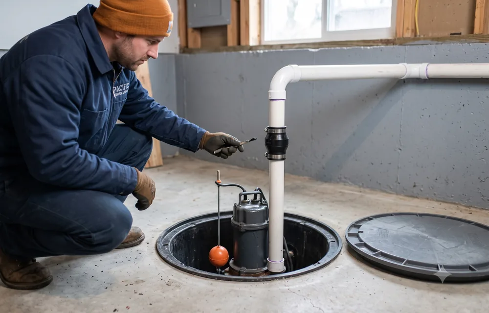 Cast iron sump pump installed in a basin with check valve and discharge piping