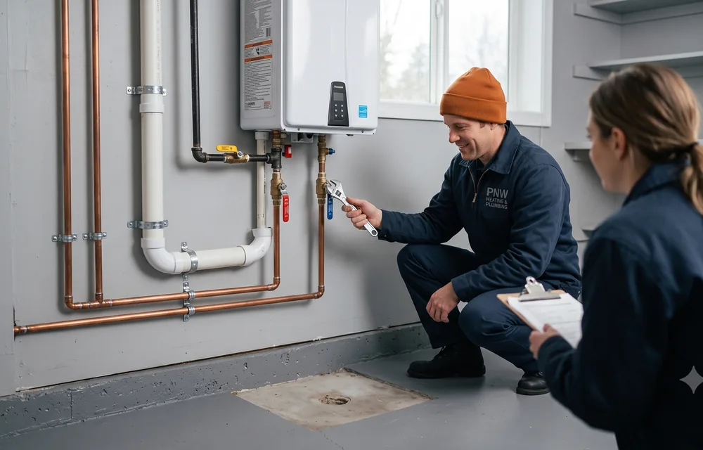 Wall-mounted tankless water heater with service isolation valves installed