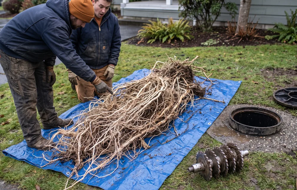 Mass of tree roots pulled from a sewer line lying on a tarp beside a cleanout