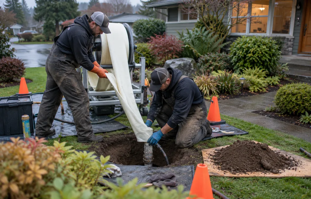 Crew preparing a cured-in-place liner at a sewer access pit in an Oregon yard