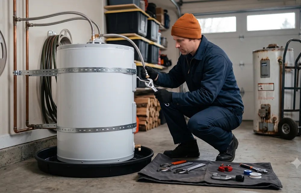 Plumber connecting supply lines to a newly installed water heater in a garage