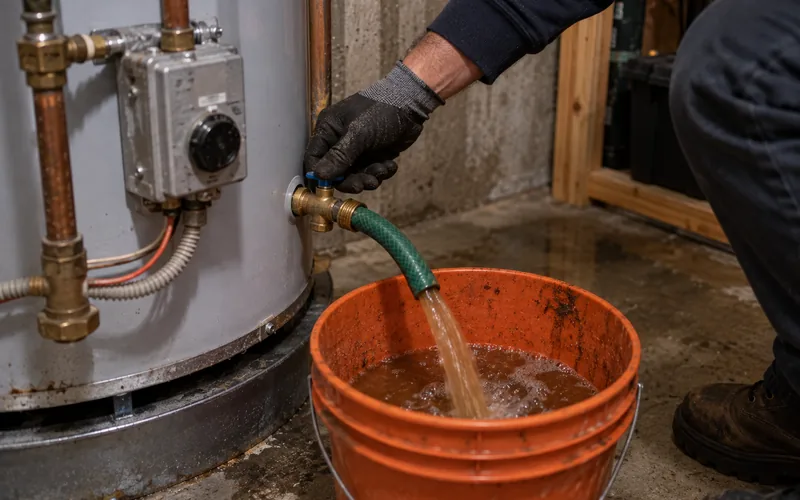 Cloudy sediment-laden water draining from a water heater during an annual flush