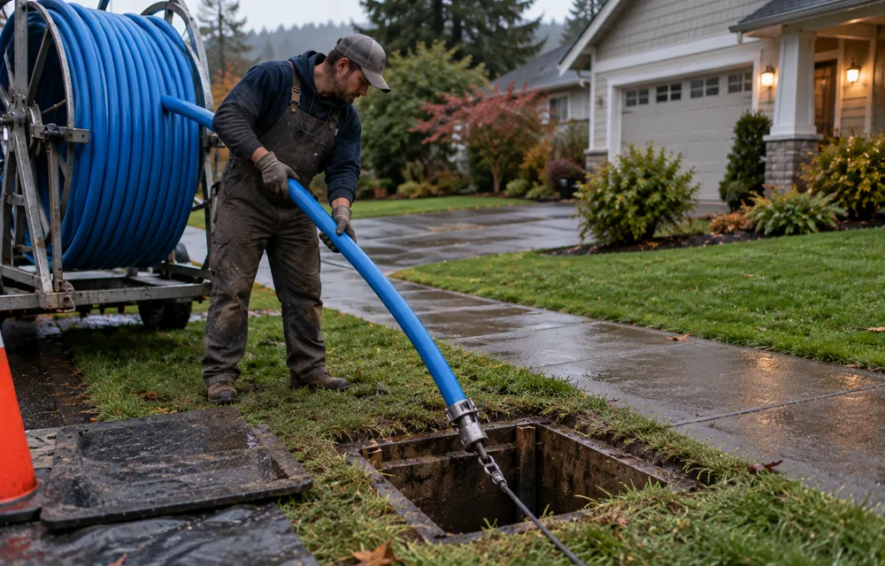 New blue HDPE water service line being pulled into an entry pit
