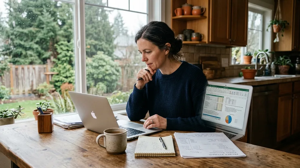 Homeowner comparing drain repair estimates on a laptop at a kitchen table